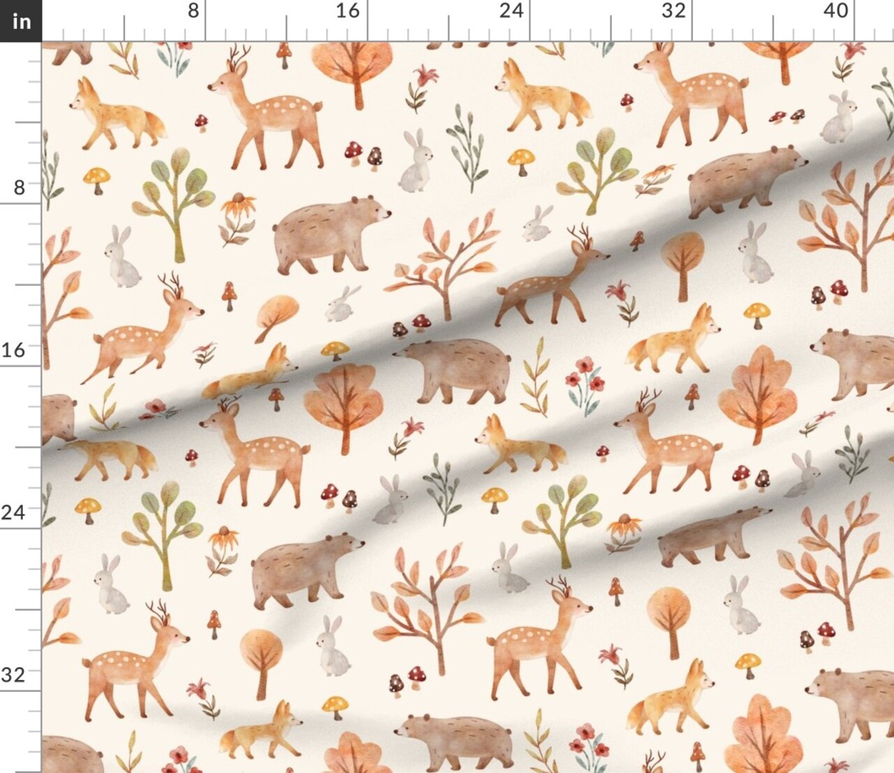 Watercolor Nursery Whimsical Woodland Animals Baby Deer Fox Bear Bunny Mushroom Flowers Hand Drawn Forest Rabbit Nature Cottagecore Leaves Custom Printed Fabric by Spoonflower Various Fabrics by the Yard or Fat Quarter